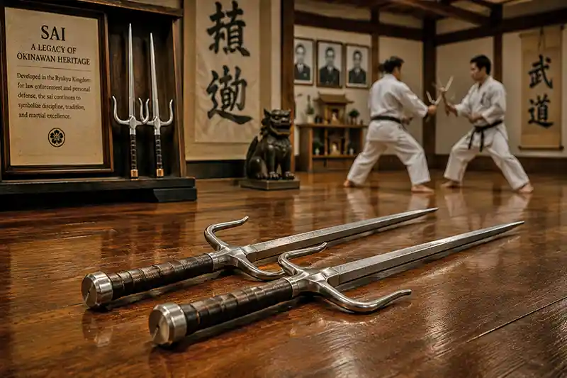 Traditional Okinawan sai displayed in a dojo with martial artists practicing in the background.