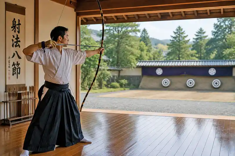 Kyudo practitioner drawing a traditional yumi bow inside a peaceful Japanese dojo.