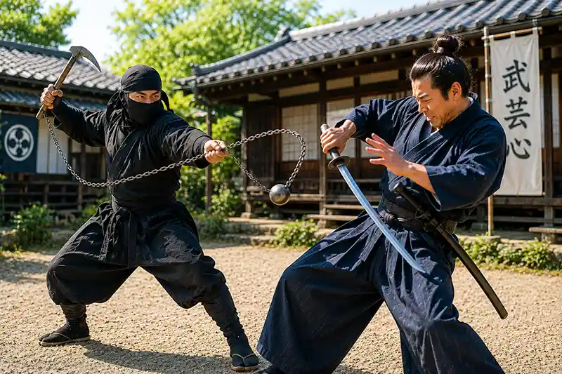 Kusarigama wielder using the weighted chain to create an opening for the sickle.