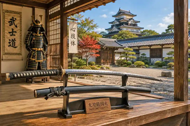 Japanese katana displayed in a traditional samurai setting