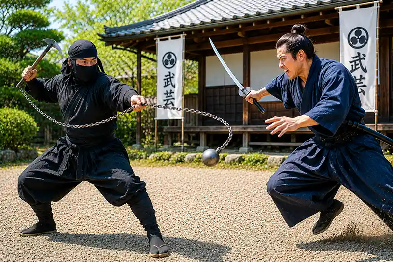 Kusarigama wielder using the weighted chain against a charging swordsman.