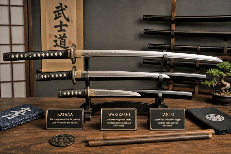 Traditional samurai sword display in a studio