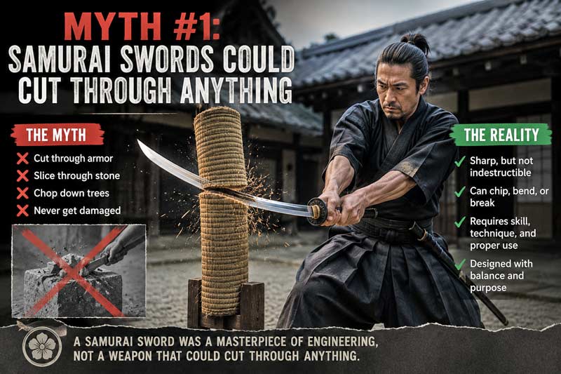 Samurai sword myth infographic showing a swordsman cutting a training target with text explaining why katanas could not cut through anything.