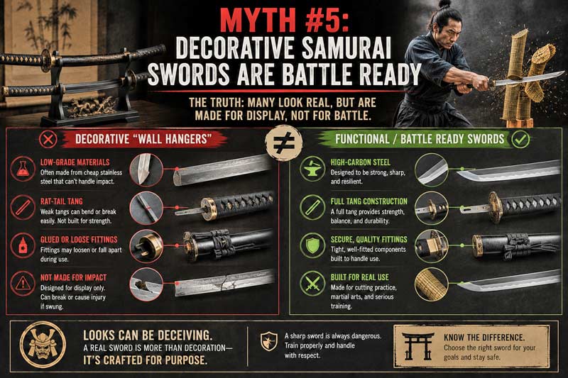 Infographic comparing decorative samurai swords and battle-ready katanas.