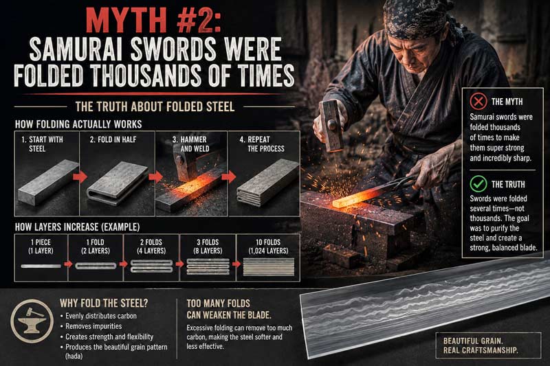 Infographic explaining the myth that samurai swords were folded thousands of times during forging.