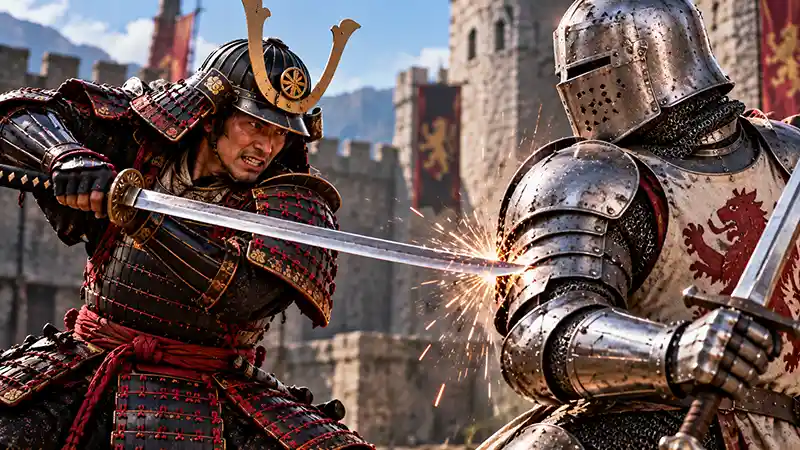 Samurai striking a medieval knight's plate armor with a katana.