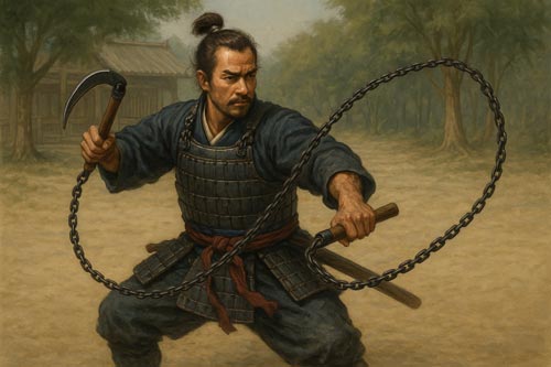 Samurai practicing with a kusarigama chain weapon in a forest clearing