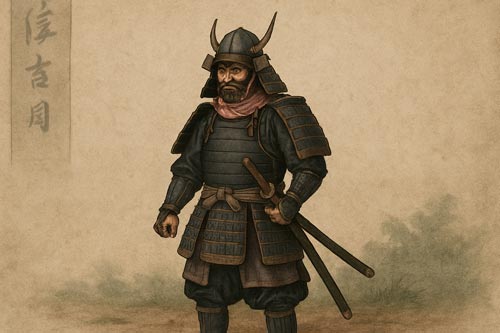 Samurai warrior in traditional armor with layered clothing standing in a neutral background.