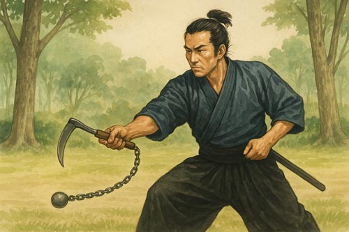 Illustrated Samurai practicing with Kusarigama
