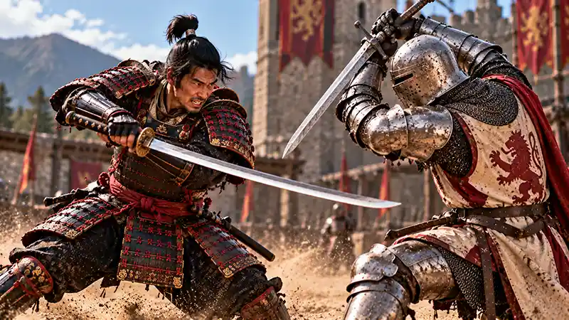 Samurai attacking a medieval knight during a sword duel.