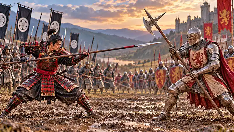 Samurai wielding a yari spear against a medieval knight armed with a poleaxe.