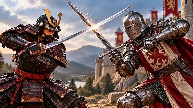 Samurai and medieval knight clashing swords in a dramatic battle.