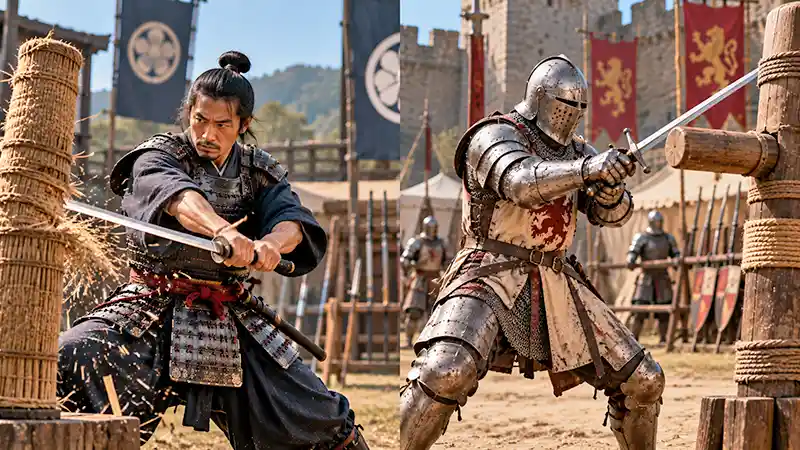 Samurai and medieval knight practicing swordsmanship on training dummies.