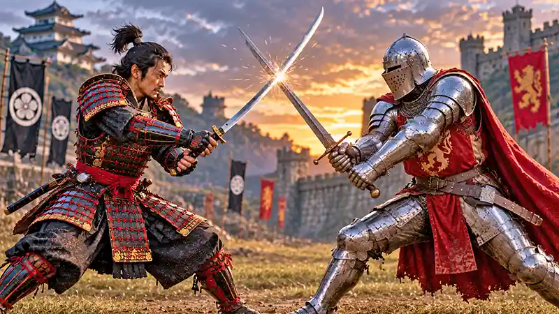 Samurai and medieval knight clashing swords at sunset.