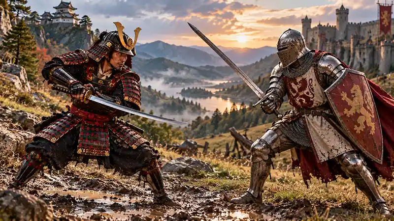 Samurai and medieval knight facing off on a rocky, muddy battlefield.
