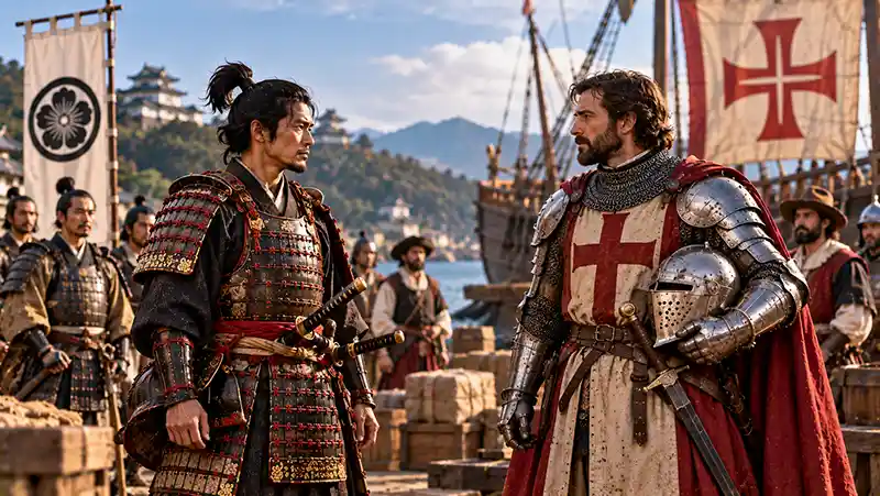 Samurai and European knight meeting at a Japanese harbor.
