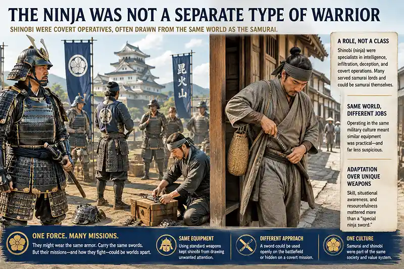 Samurai warriors and disguised shinobi preparing for different missions