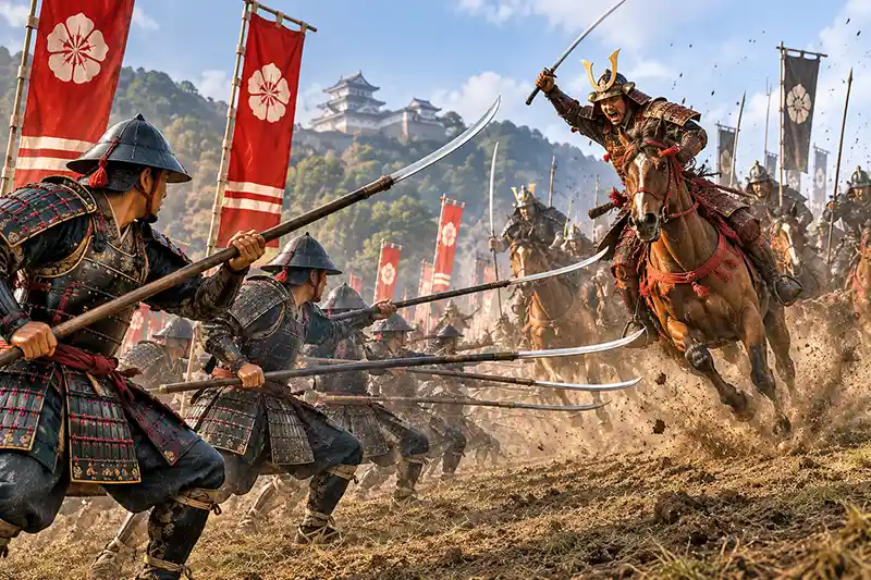 Line of samurai armed with naginata defending against a charging cavalry attack.