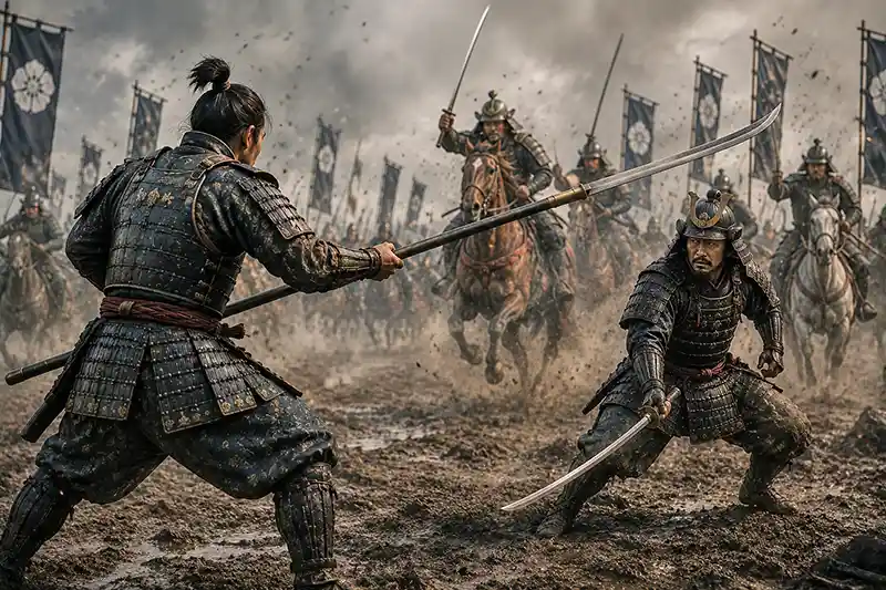 Samurai using a naginata to keep a swordsman at bay during a medieval Japanese battle.