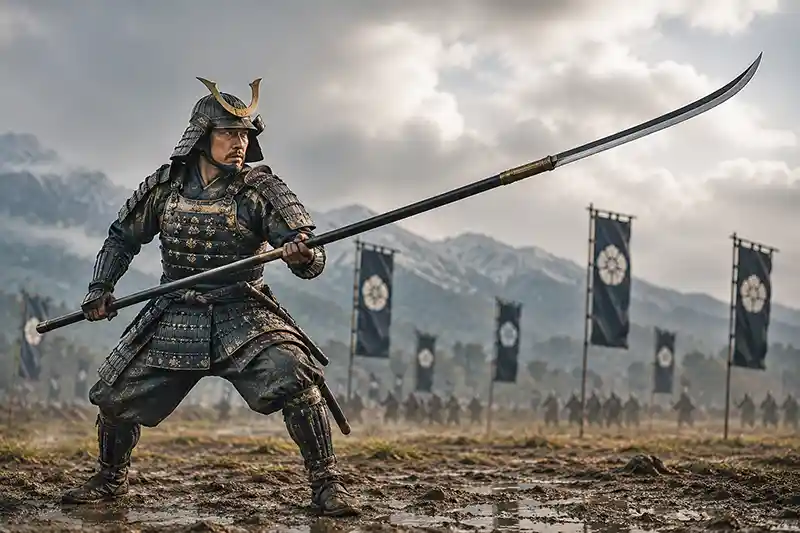 Samurai wielding a traditional naginata on a medieval Japanese battlefield.
