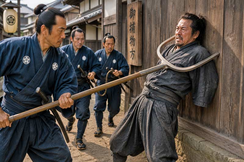 Japanese guards using a sasumata to pin an armed suspect against a wooden wall.