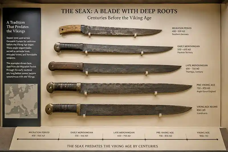 Seax blades displayed on a timeline from pre-Viking Germanic Europe to the Viking Age