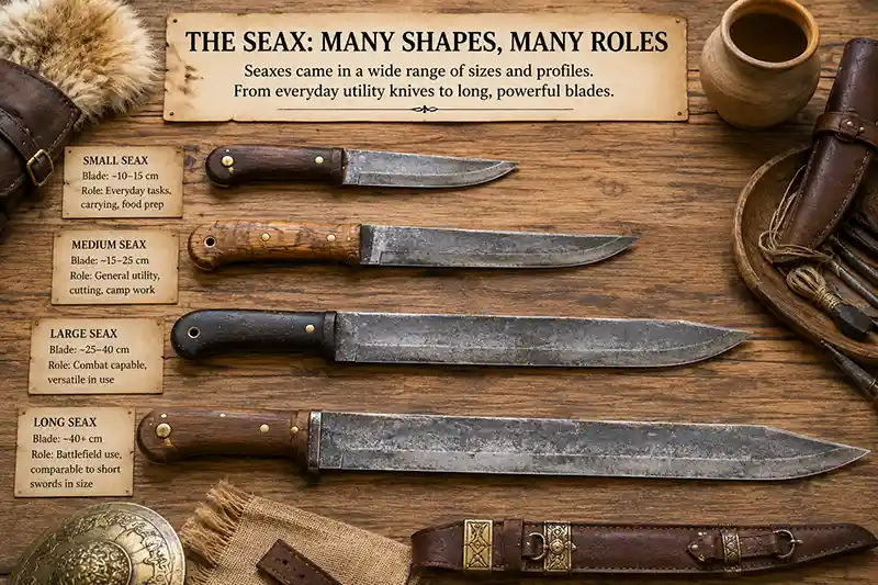 Four seax blades showing different historical sizes and shapes