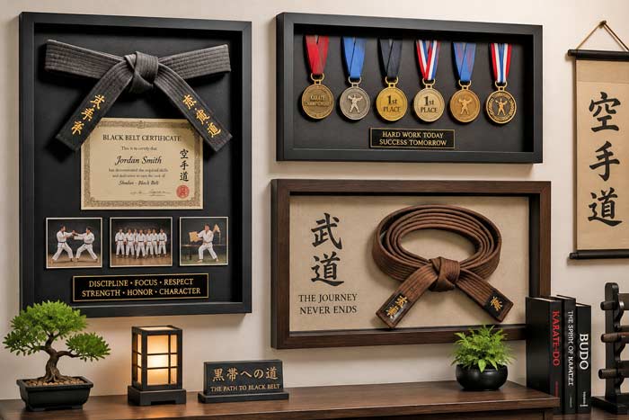 Shadow box martial arts belt display featuring black belts, medals, certificates, and karate tournament memorabilia