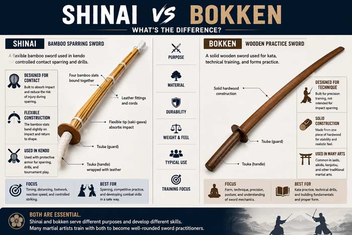 Infographic comparing shinai and bokken training swords, highlighting differences in construction, sparring use, flexibility, and traditional Japanese martial arts training