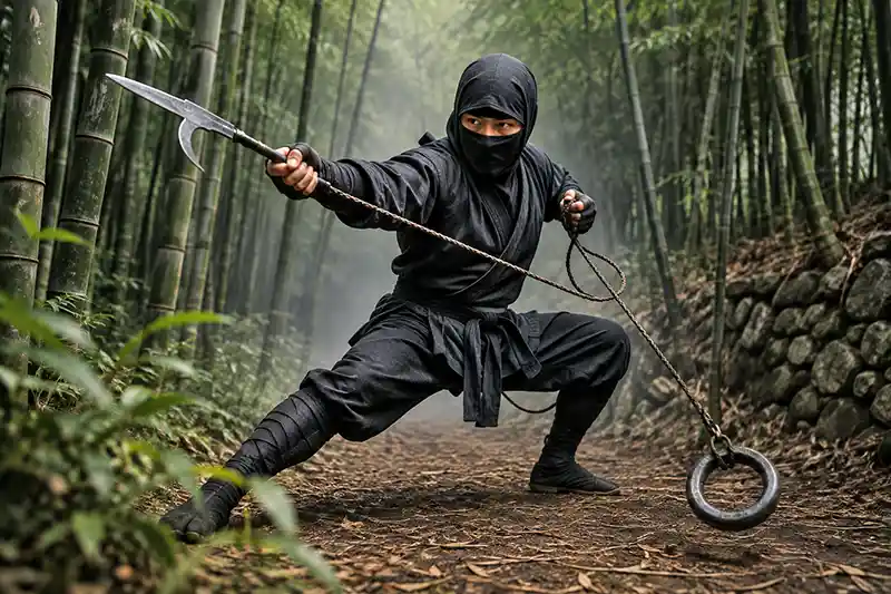 Ninja training with a traditional kyoketsu-shoge in a bamboo forest