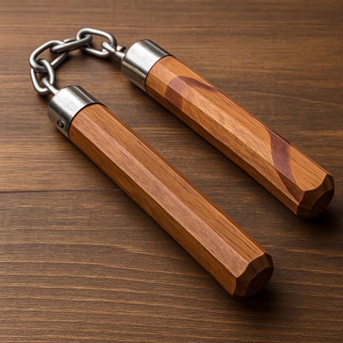 A pair of octagonal wooden nunchucks with metal chain connectors resting on a wooden surface.