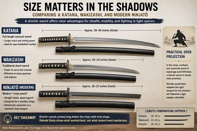 Katana, wakizashi, and modern ninjato size comparison