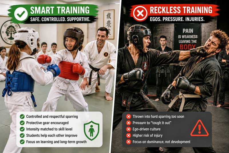 Comparison of safe, respectful martial arts sparring versus an overly aggressive training environment that pressures students to tough it out.