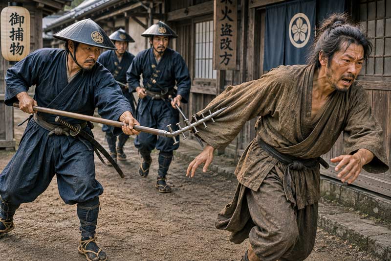 Japanese officer using a sodegarami to hook a fleeing suspects sleeve.
