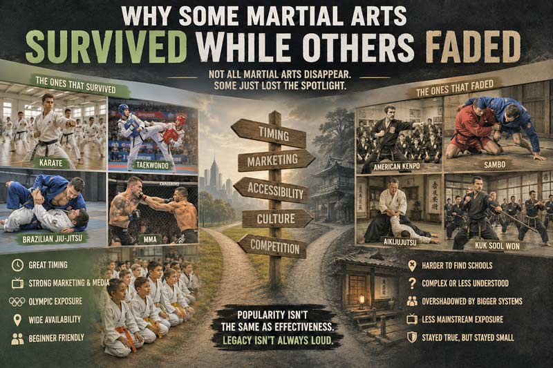 Infographic comparing martial arts that became mainstream, like karate, taekwondo, Brazilian Jiu-Jitsu, and MMA, with lesser-known systems that quietly faded from popularity over time.