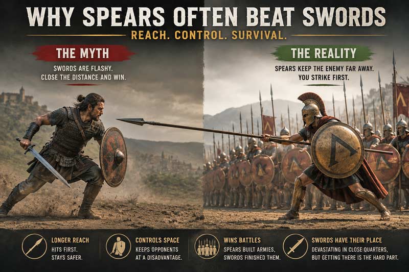 Myth vs reality image showing a swordsman facing a spear fighter with a clear reach advantage in battle
