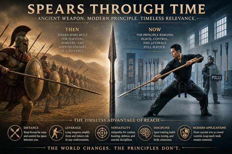 Split-scene infographic showing ancient spear warfare beside modern martial arts spear training