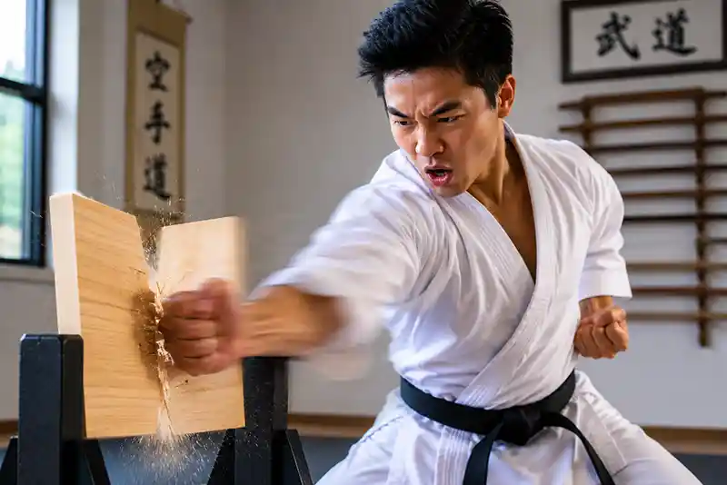 Martial artist delivering a fast punch through a wooden breaking board