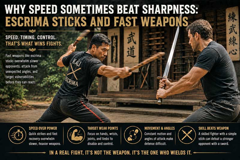 Escrima stick fighter using fast strikes against a sword-wielding opponent during martial arts training