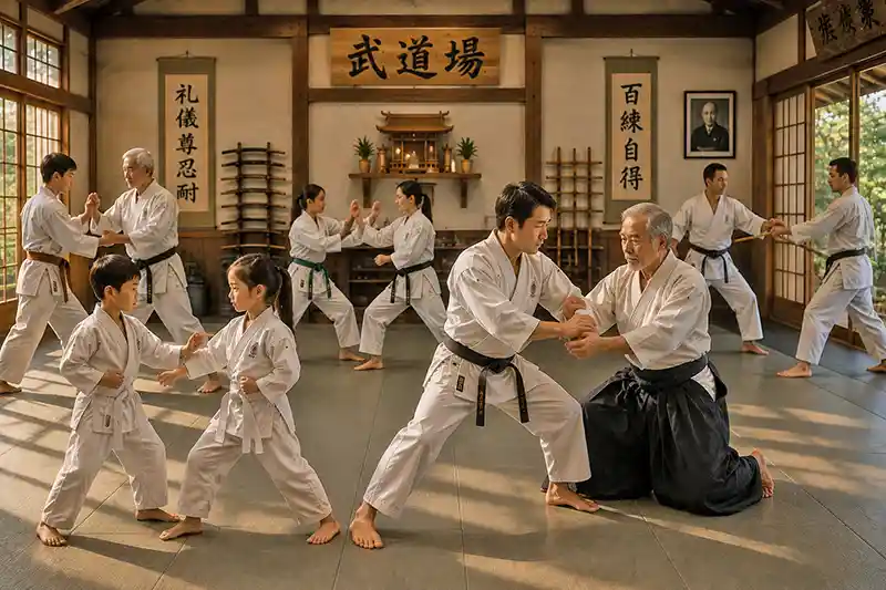 Multigenerational martial artists training together inside a traditional dojo with an experienced instructor guiding students