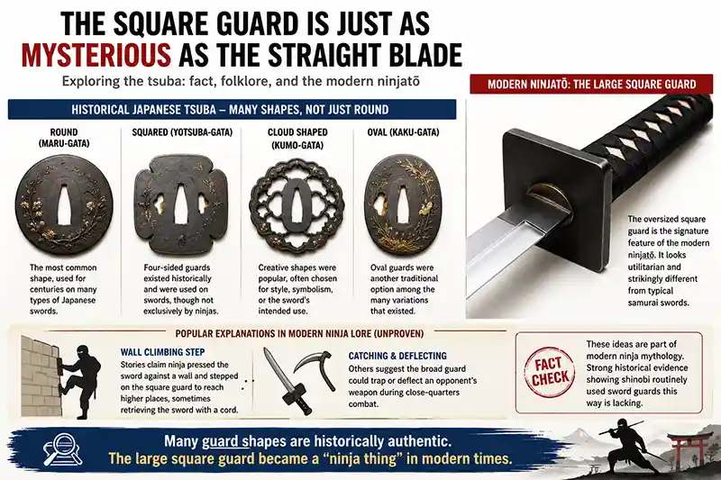 Historical Japanese tsuba compared with a modern ninjato square guard