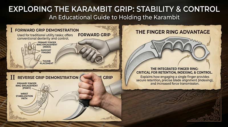 Infographic showing forward and reverse karambit grips with a focus on the finger ring and handle control