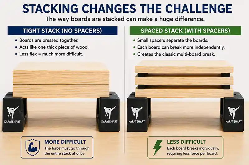 Tightly stacked boards compared with spaced boards for breaking difficulty