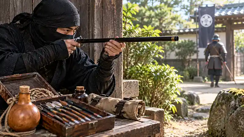 Ninja aiming a traditional blowgun with a case of darts nearby