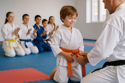 A group of students clapping as a younger student earns a new belt
