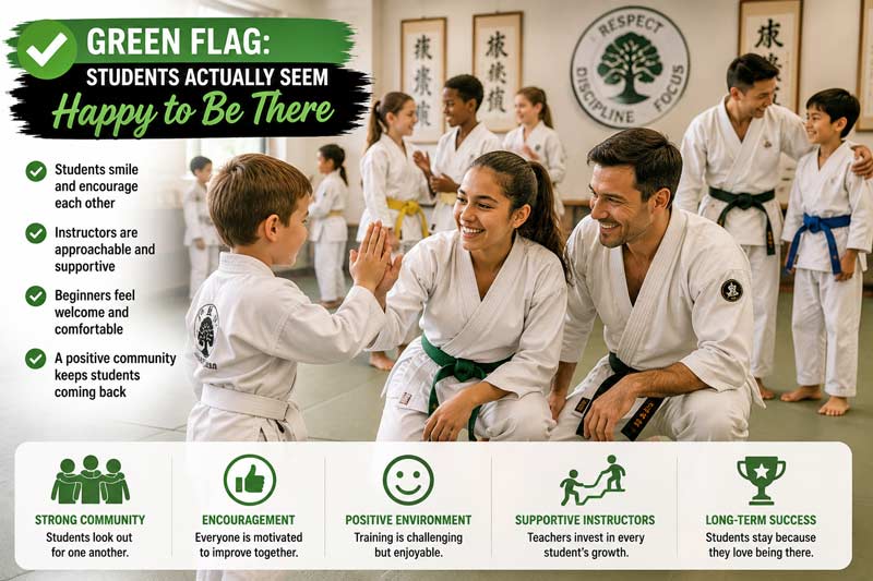 Friendly martial arts dojo with smiling students and instructors, showing a welcoming school environment where students genuinely enjoy training.