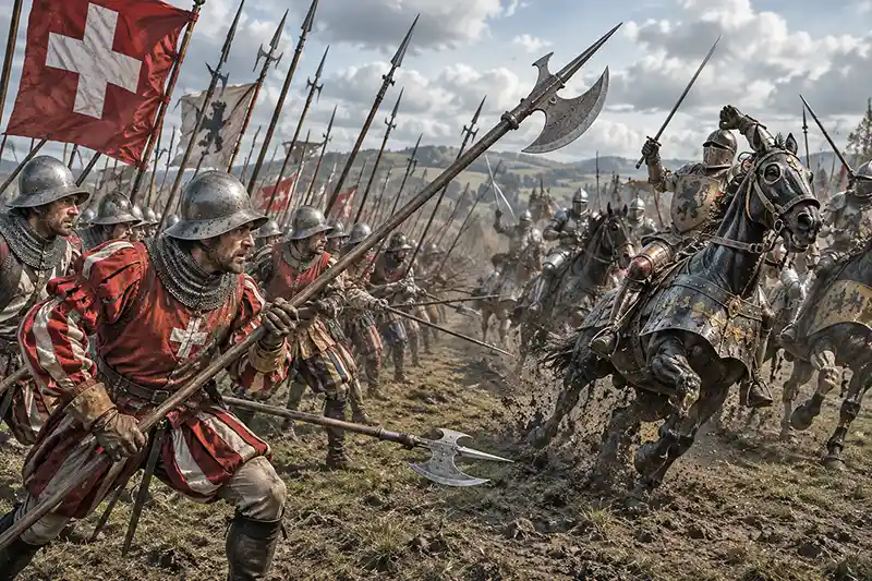 Swiss halberdiers advancing in formation as armored knights charge across the battlefield.
