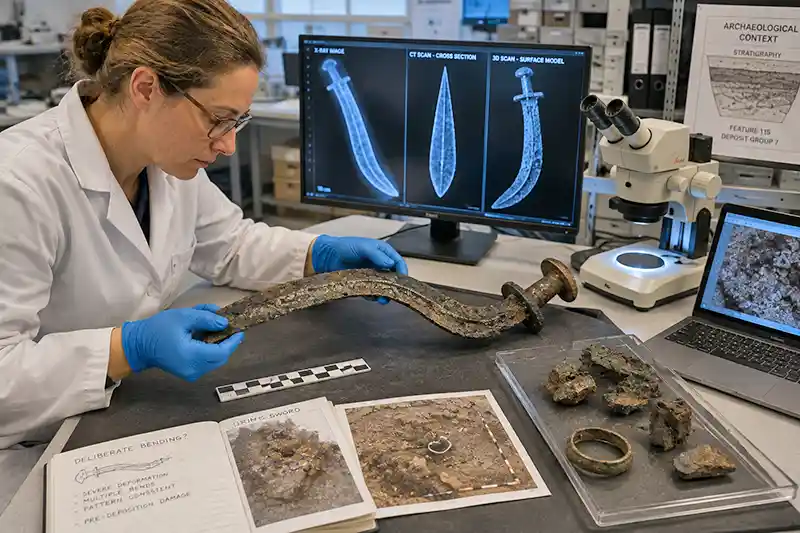 Archaeologist examining a deliberately bent ancient sword in a laboratory