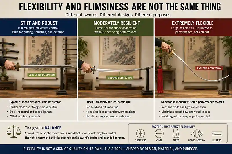 Chinese sword blade flexibility comparison from stiff to extremely flexible