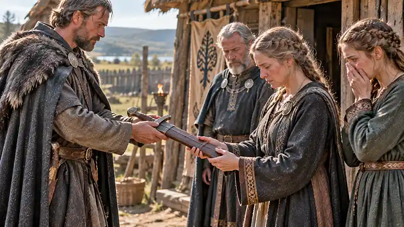 Messenger returning a fallen warriors sword to his grieving family